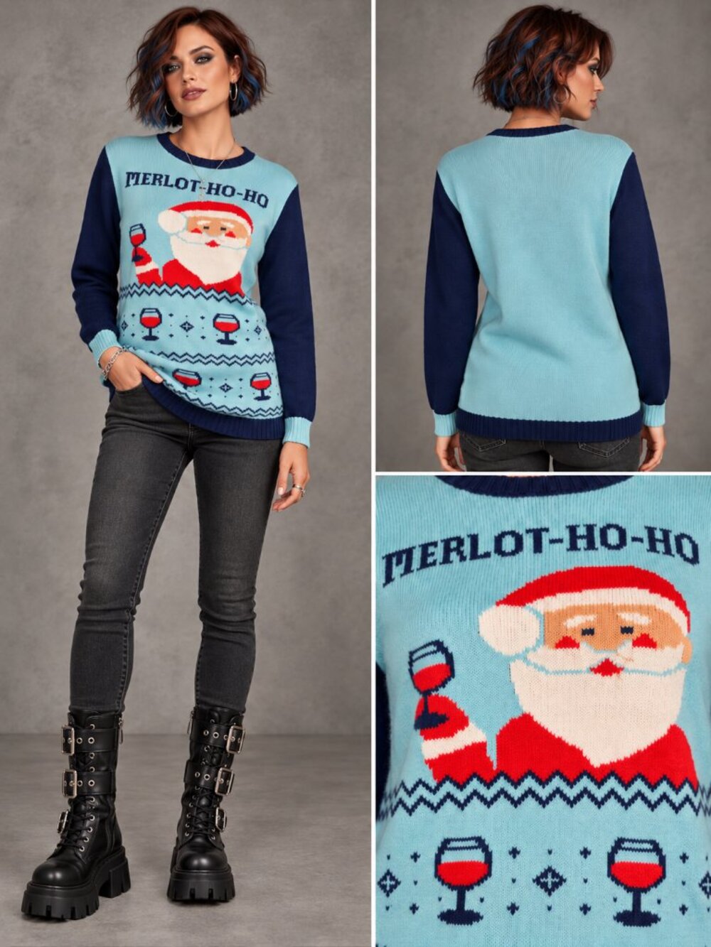 Light Blue & Navy 'Merlot-Ho-Ho' Santa Sweater